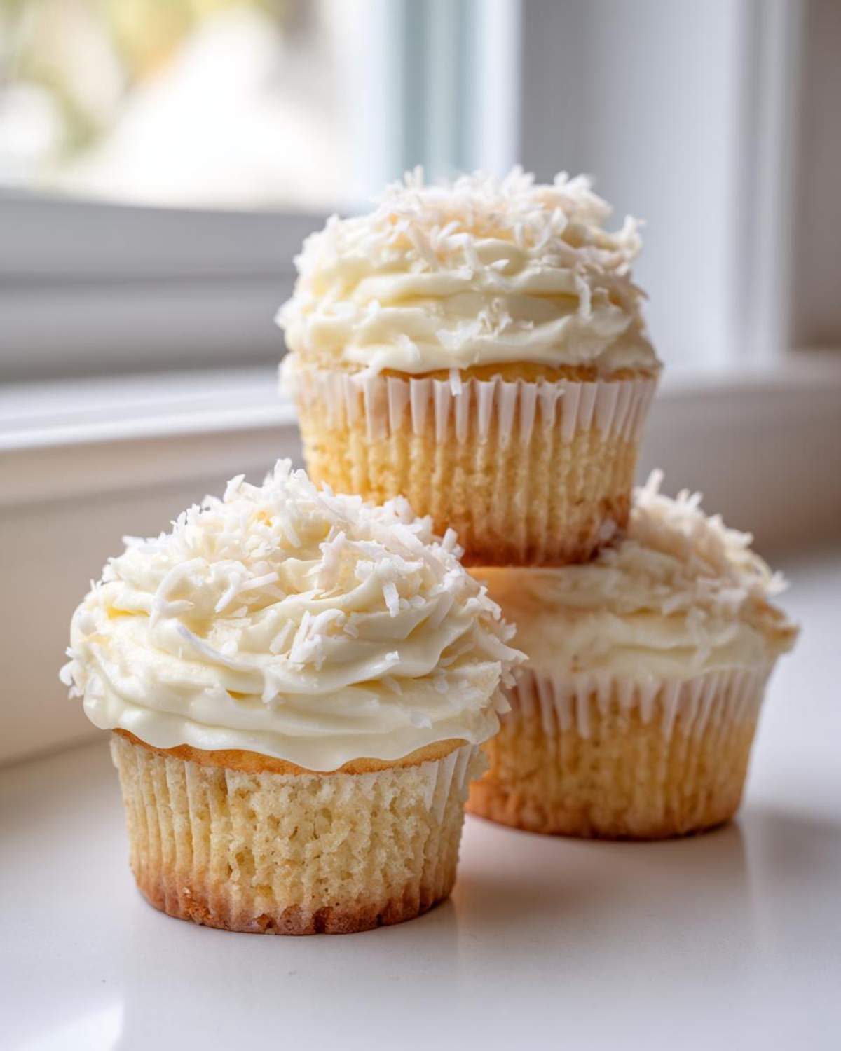 Three moist coconut cupcakes stacked on a white surface near a bright window, topped with white frosting and shredded coconut.
