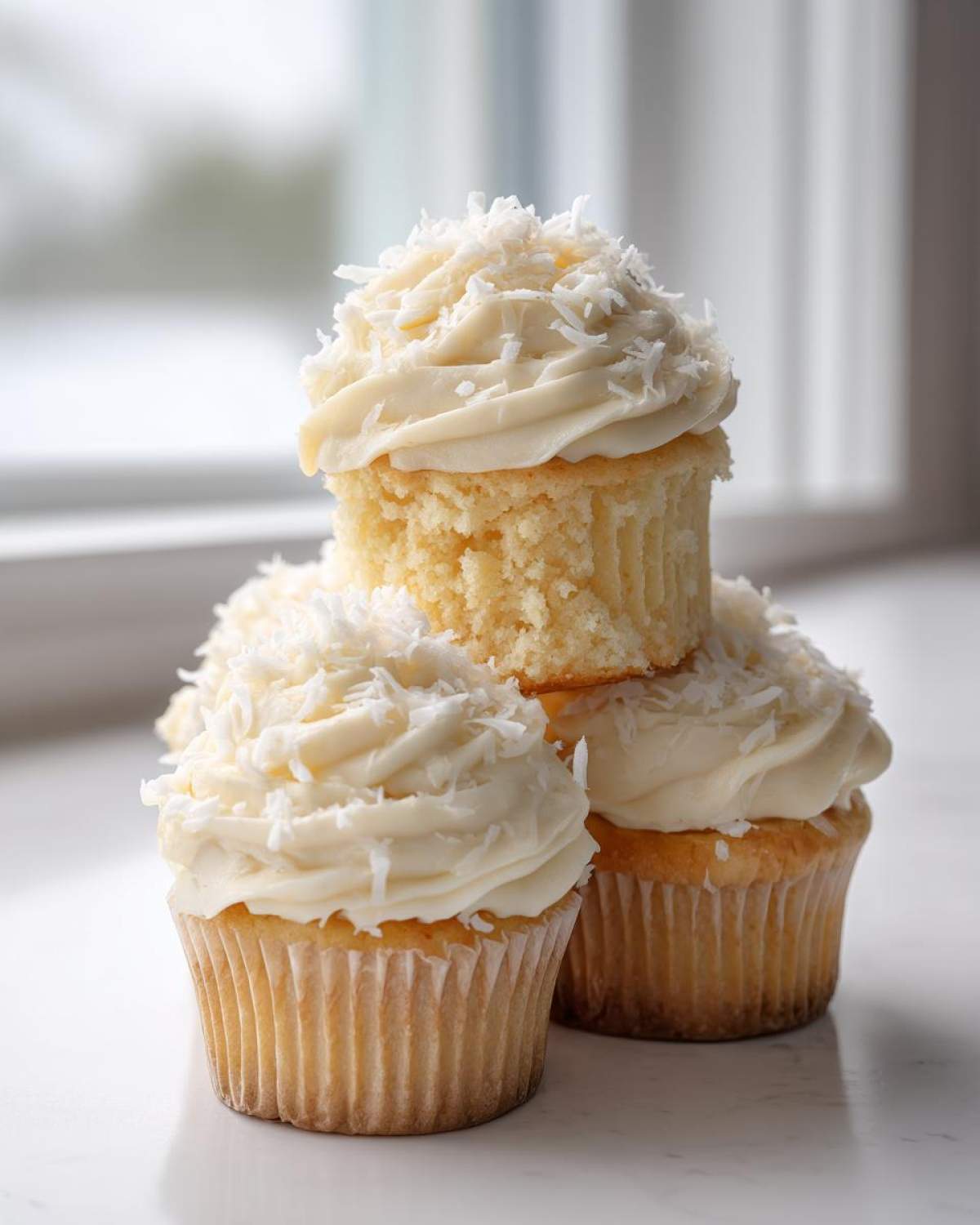 Three moist coconut cupcakes stacked together, topped with creamy white frosting and shredded coconut.