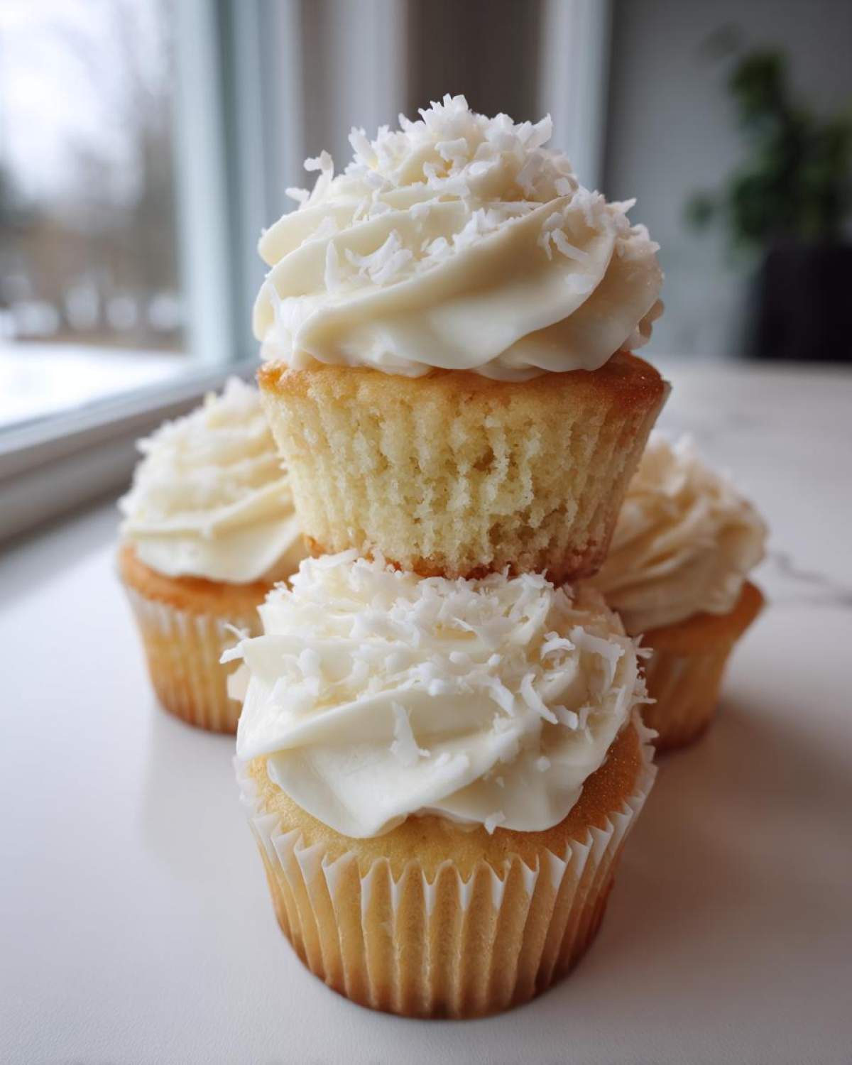 A stack of moist coconut cupcakes topped with white frosting and shredded coconut flakes.