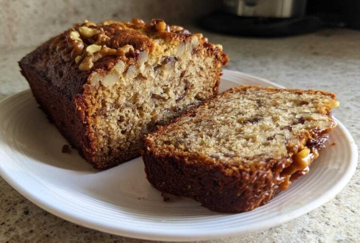A freshly baked date nut bread loaf, partially sliced, topped with walnuts, sitting on a white plate.