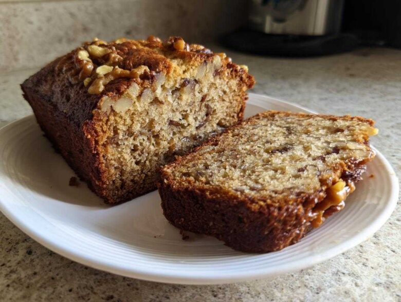 A freshly baked date nut bread loaf, partially sliced, topped with walnuts, sitting on a white plate.