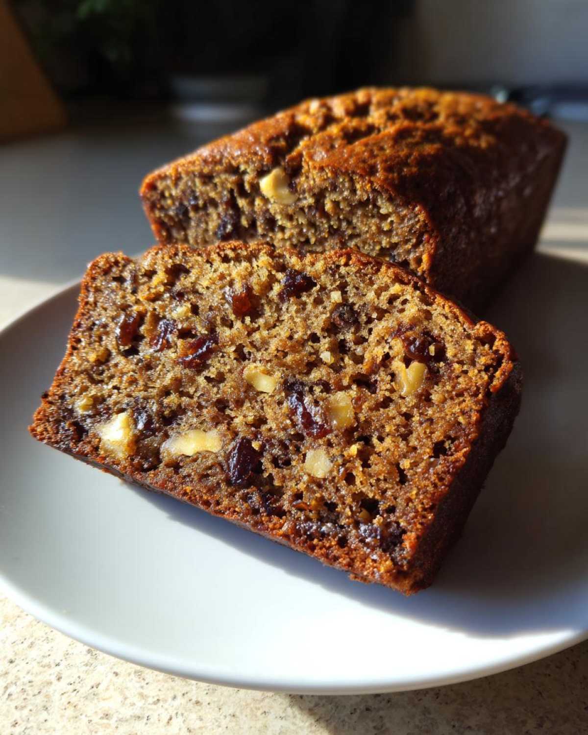 A close-up slice of moist date nut bread showing visible dates and walnuts, with the rest of the loaf behind it.