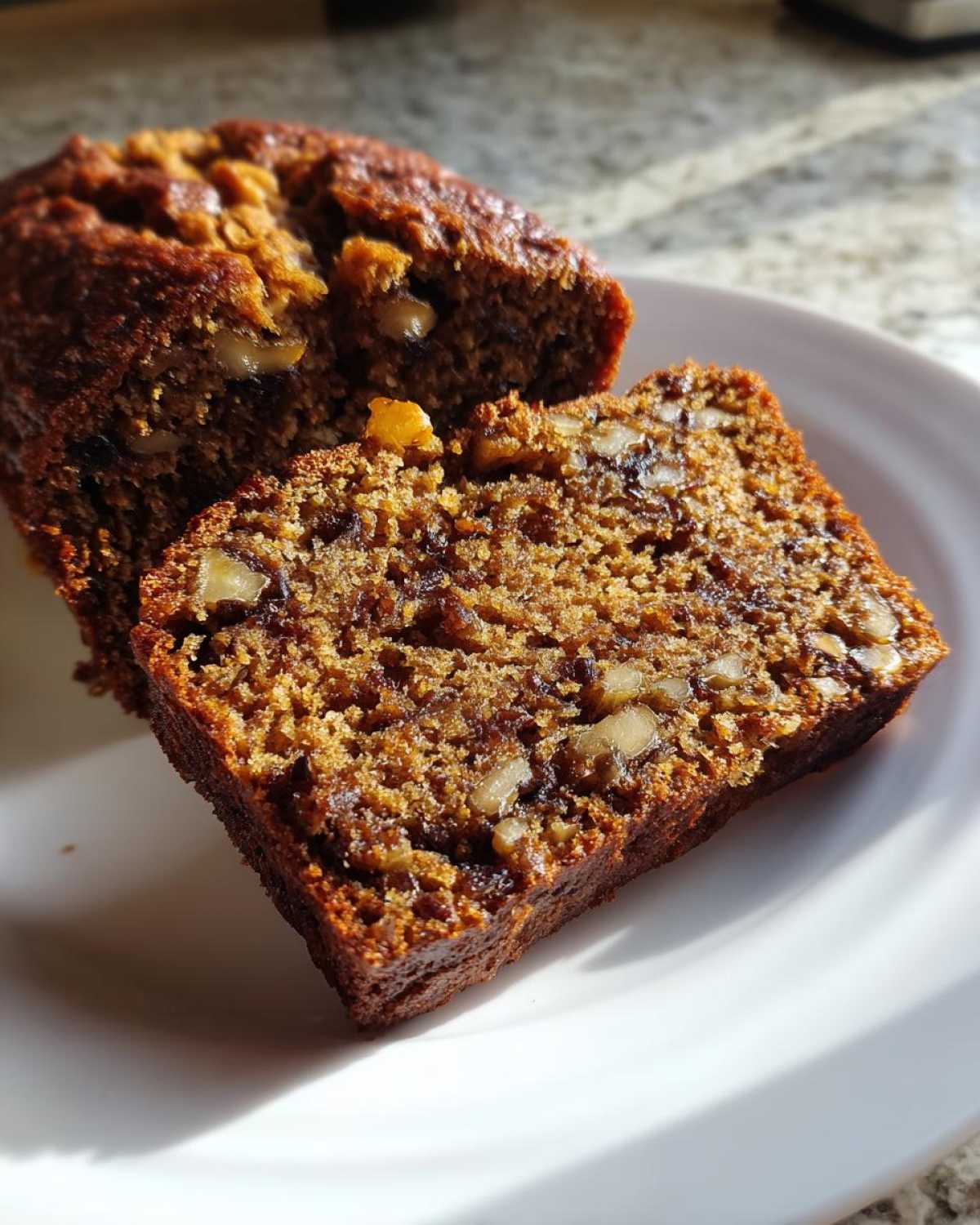 Close-up of a thick slice of moist date nut bread, rich brown in color, studded with visible walnuts.