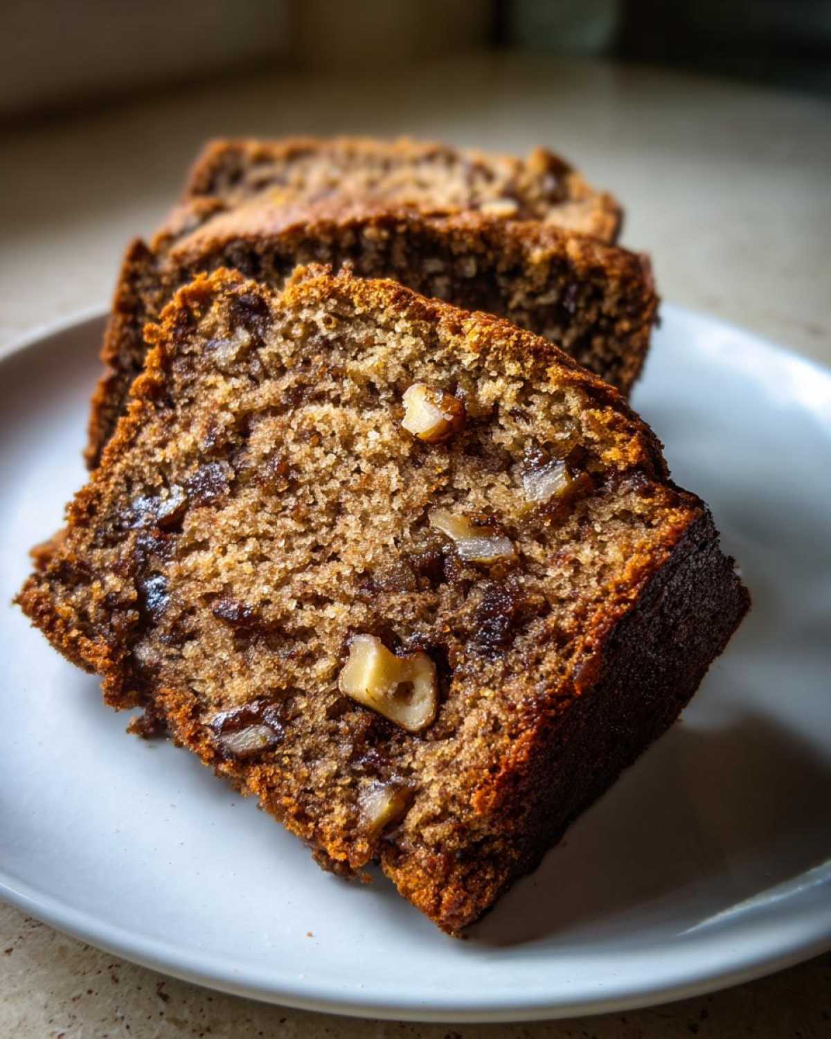 Close-up of three moist slices of date nut bread showing visible nuts and dark fruit pieces.