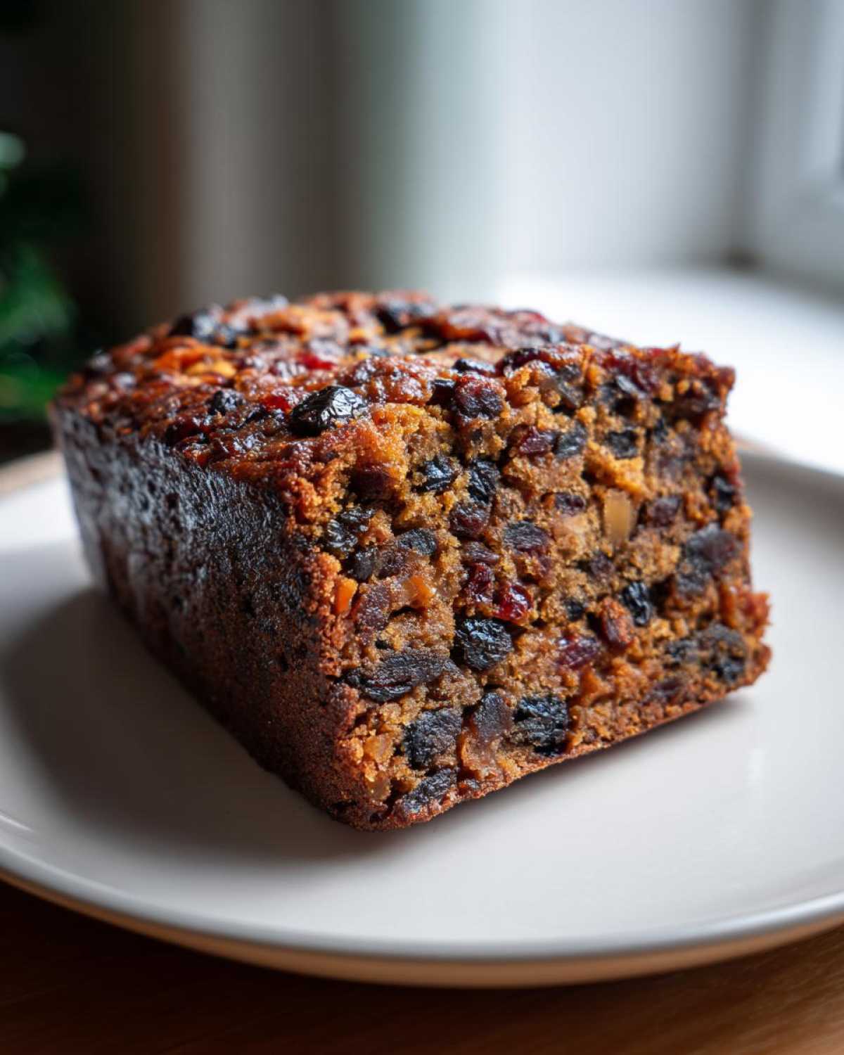 Close-up of a dense, dark, and moist fruit cake loaf packed with dried fruits and nuts on a white plate.