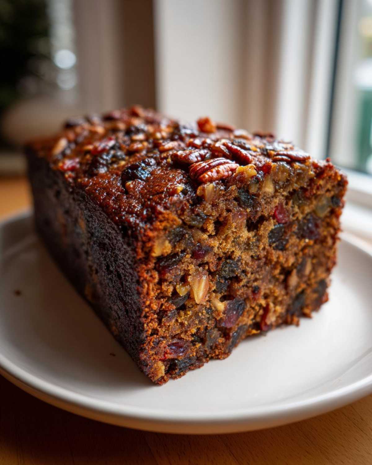 A close-up of a dense, dark, and moist fruit cake loaf, heavily studded with dried fruit and topped with pecans.