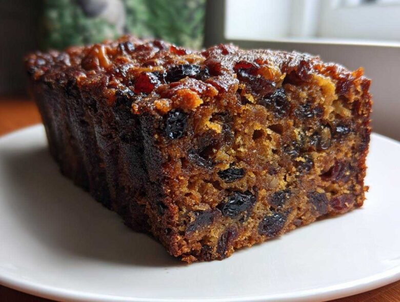 Close-up of a thick, moist slice of dark fruit cake loaded with dried fruits and nuts on a white plate.