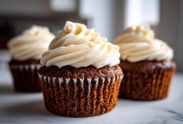 Close-up of moist gingerbread cupcakes topped with swirls of cream cheese frosting.