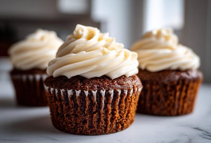 Close-up of moist gingerbread cupcakes topped with swirls of cream cheese frosting.