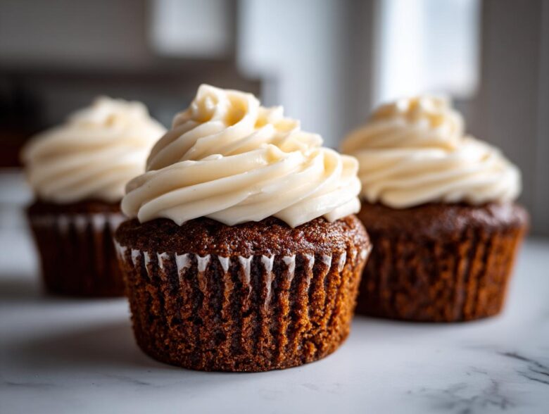 Close-up of moist gingerbread cupcakes topped with swirls of cream cheese frosting.