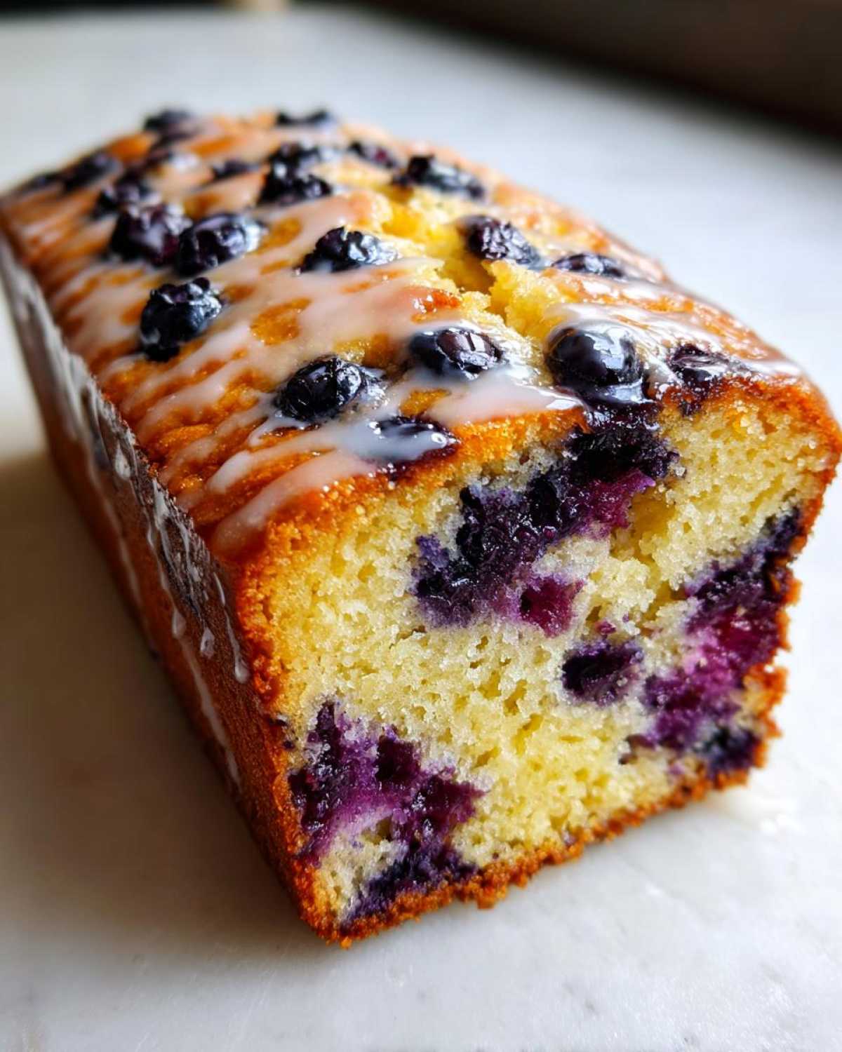 A close-up view of a moist lemon blueberry bread loaf topped with fresh blueberries and a light glaze.