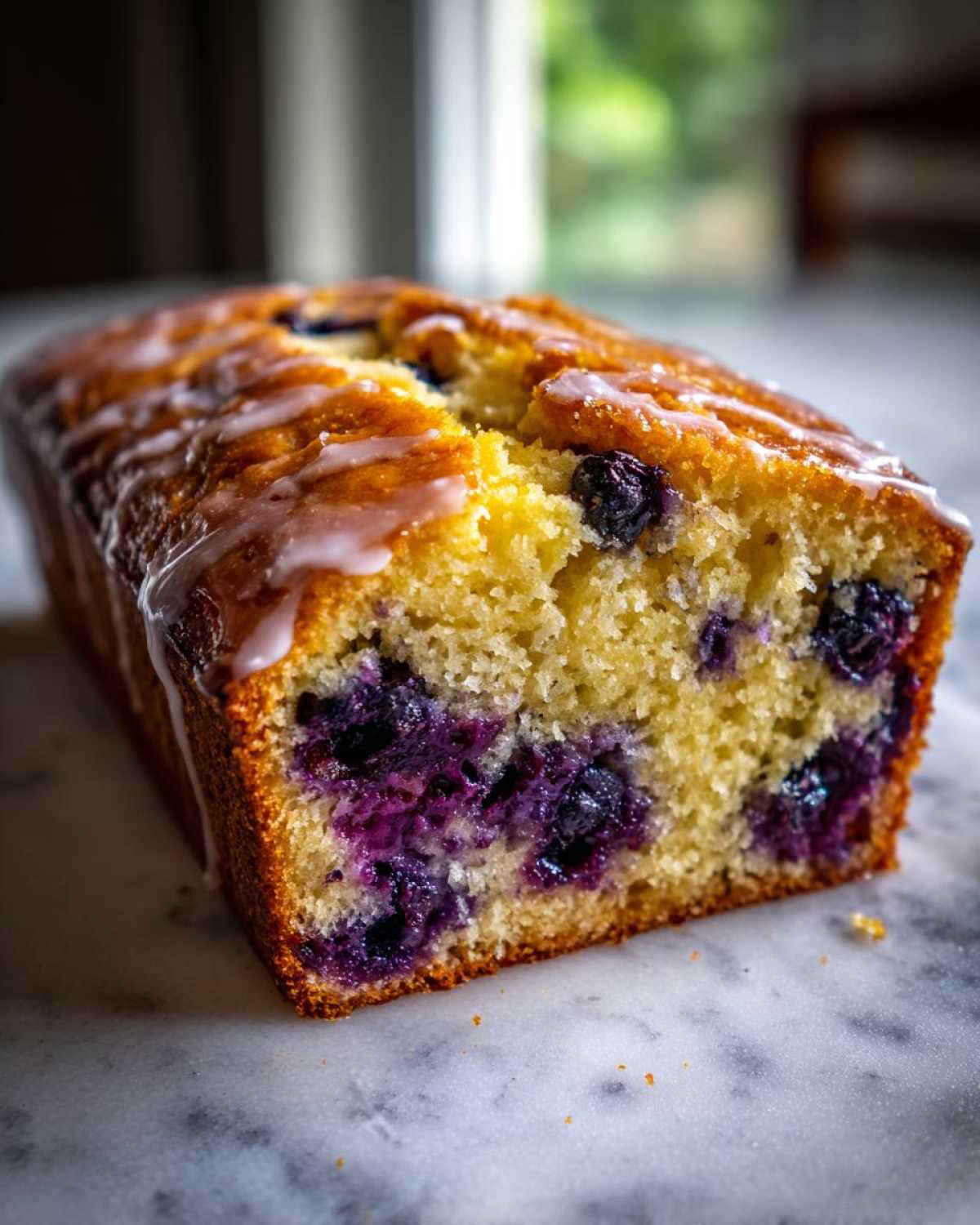 Close-up of a freshly baked lemon blueberry bread loaf with a sweet white glaze drizzled on top.