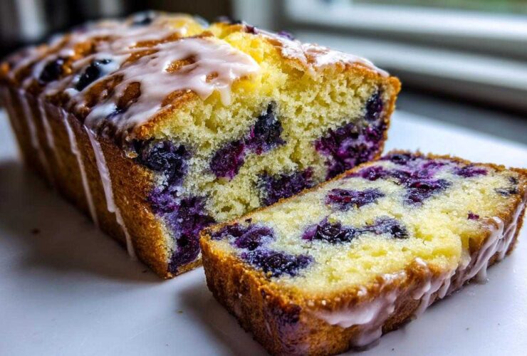 A close-up of moist lemon blueberry bread, sliced to show the interior packed with blueberries and topped with a white glaze.