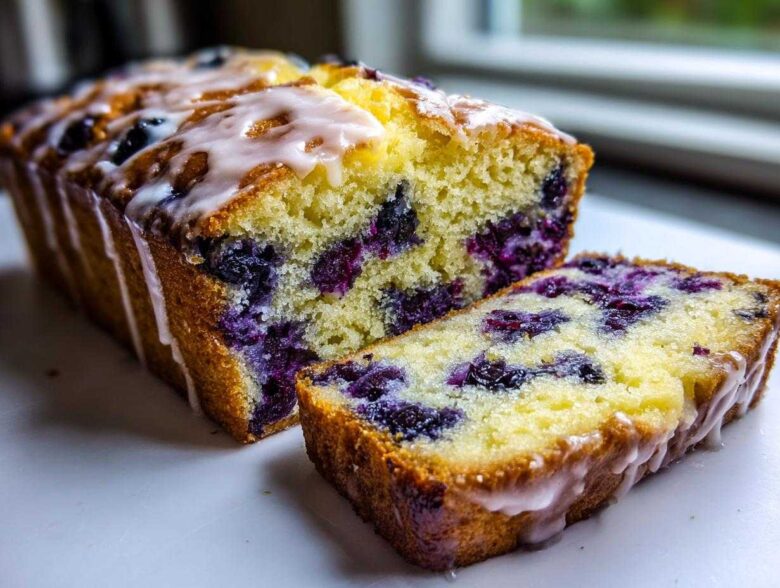 A close-up of moist lemon blueberry bread, sliced to show the interior packed with blueberries and topped with a white glaze.