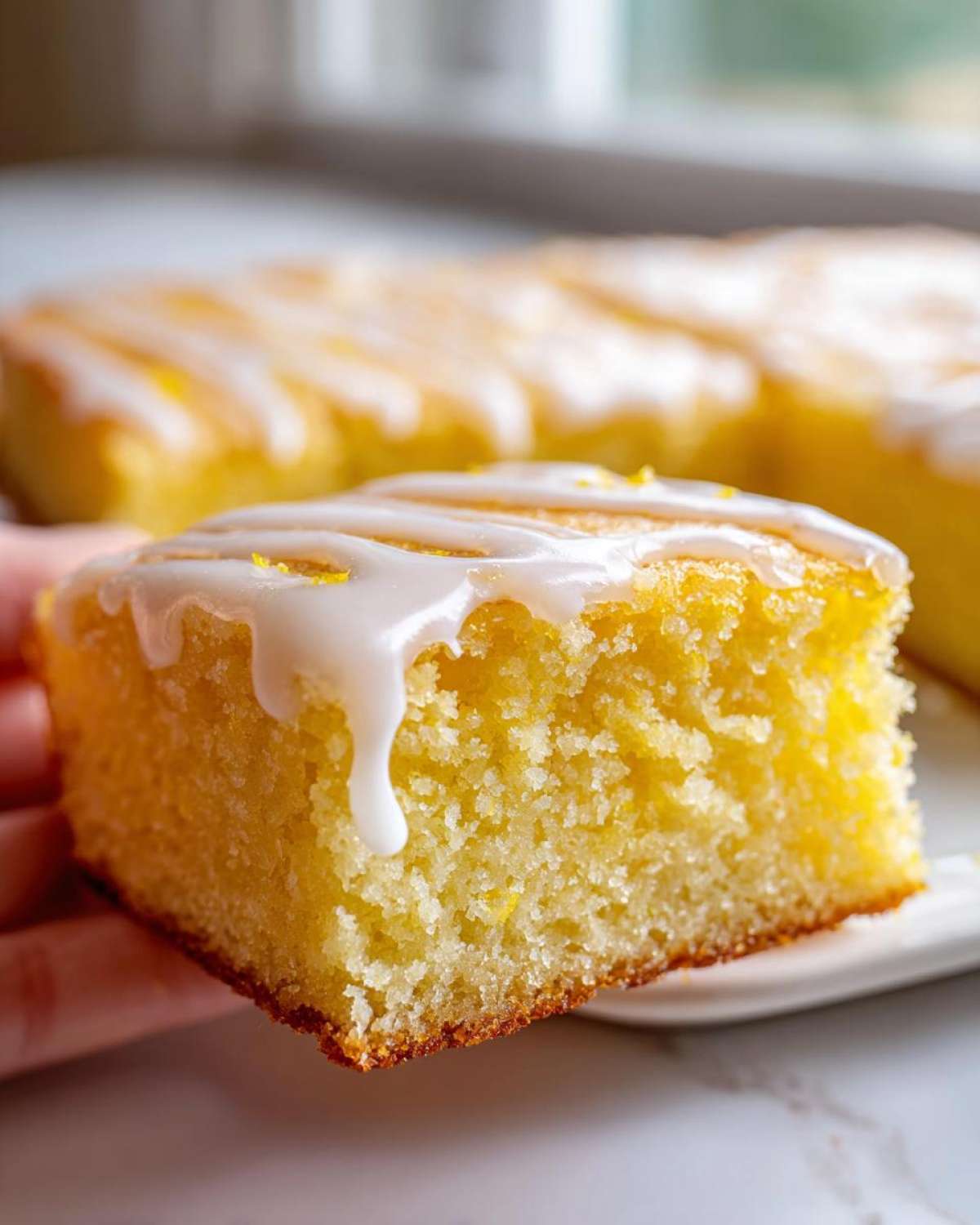 Close-up of a moist, square slice of Lemon Brownies topped with white glaze and zest.