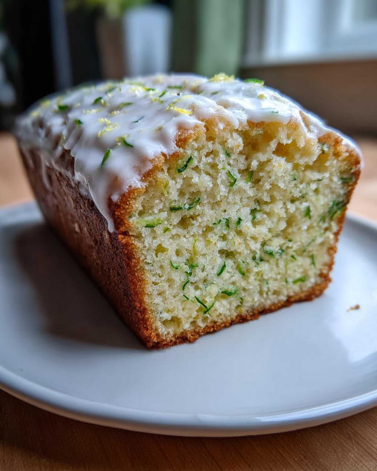 Close-up of a slice of moist lemon zucchini bread topped with white glaze and lemon zest.