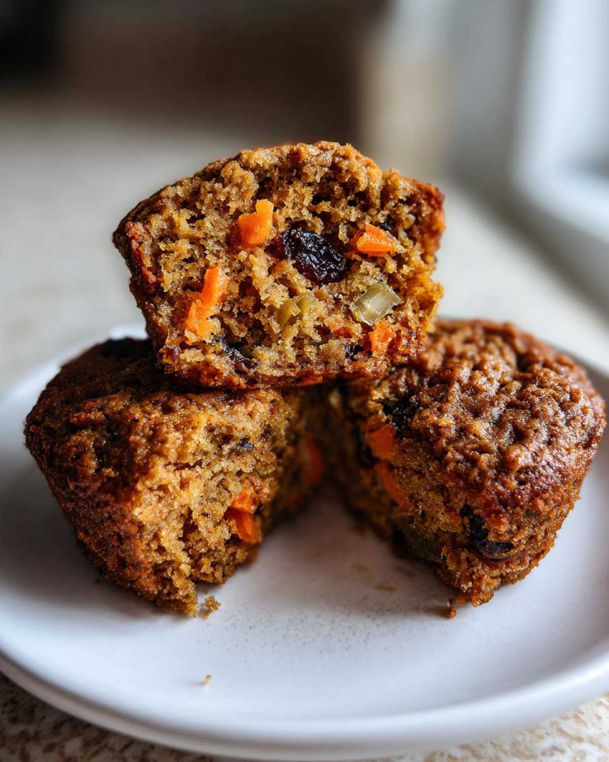Close-up of morning glory muffins cut in half, showing the moist texture filled with shredded carrots and raisins.