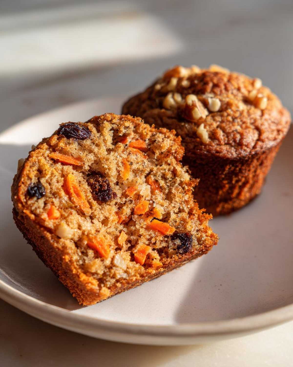 Close-up of a split morning glory muffin showing shredded carrots, raisins, and a whole muffin topped with walnuts.
