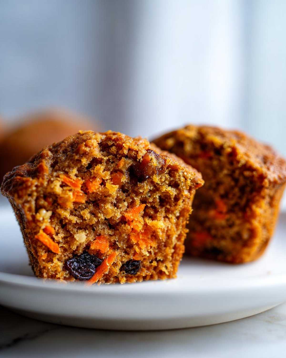 Close-up of a morning glory muffin cut in half showing moist texture, shredded carrots, and raisins.