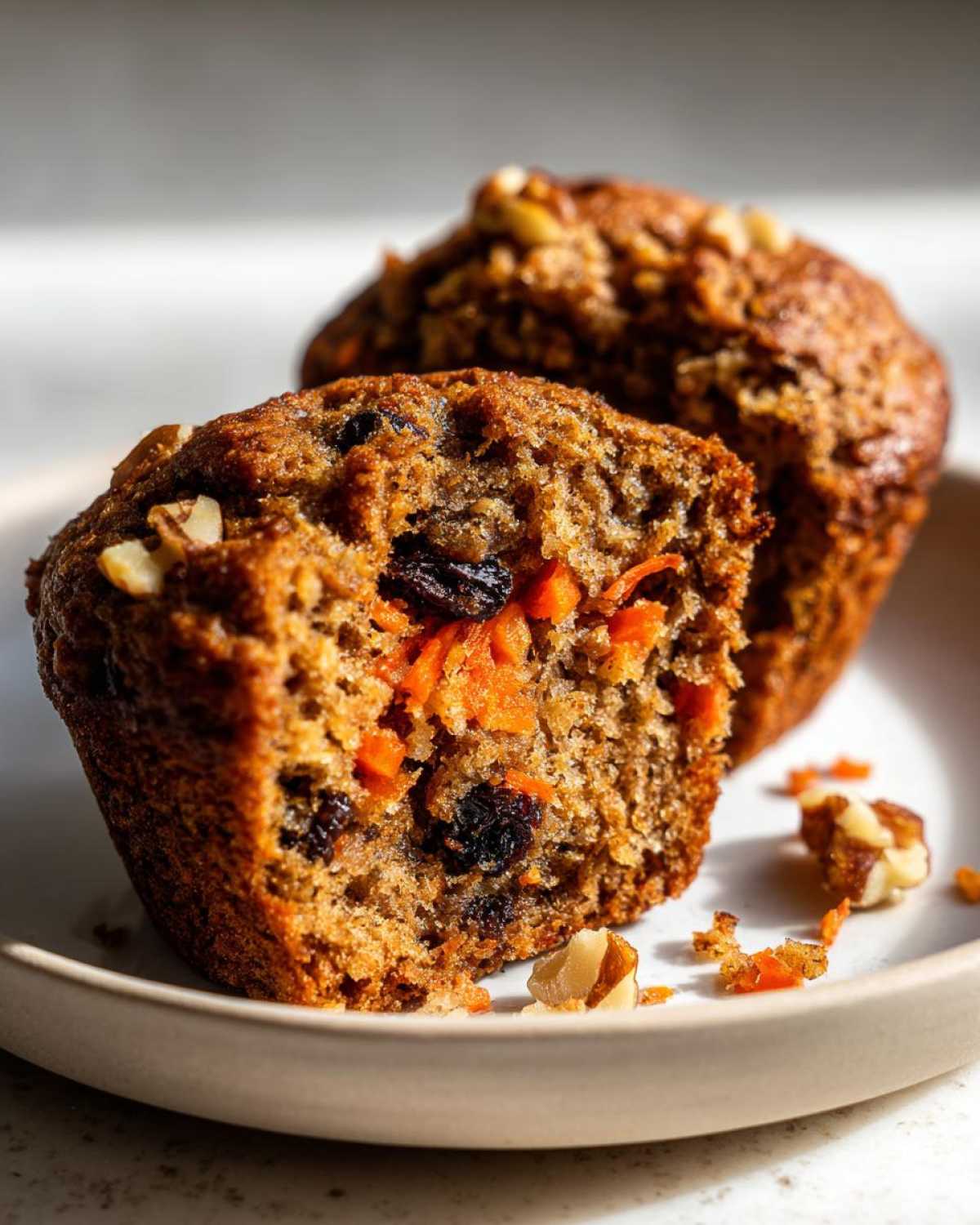 Close-up of a morning glory muffin cut in half showing moist texture, shredded carrots, raisins, and walnuts.