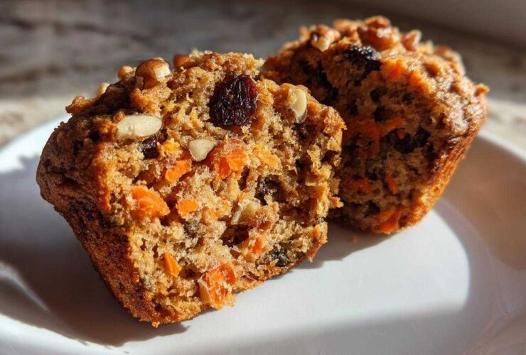 Close-up of a morning glory muffin cut in half showing moist texture, shredded carrots, raisins, and walnuts.