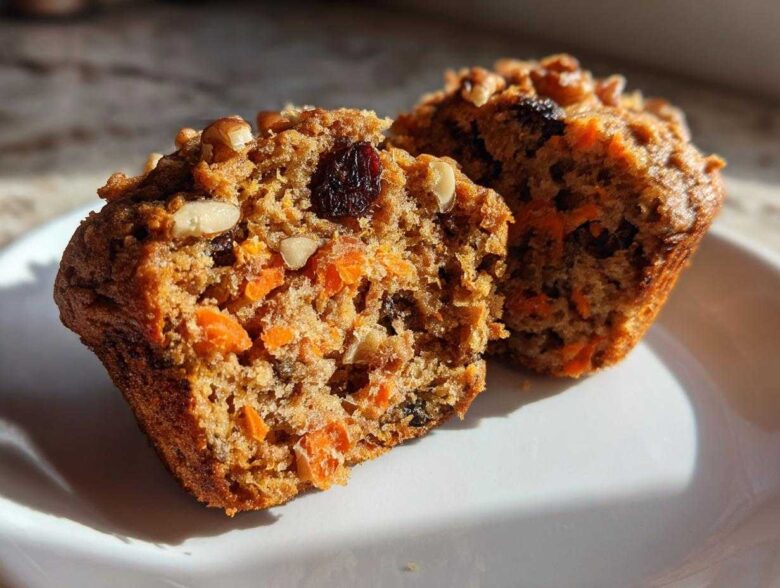 Close-up of a morning glory muffin cut in half showing moist texture, shredded carrots, raisins, and walnuts.