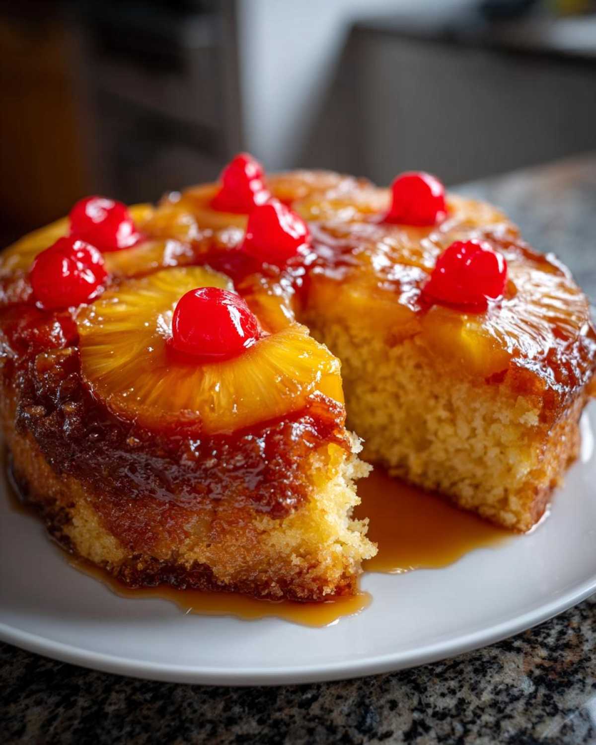 A slice removed from a glistening pineapple upside down cake topped with caramelized pineapple rings and maraschino cherries.