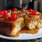 A slice cut from a moist pineapple upside down cake, topped with caramelized pineapple rings and bright red maraschino cherries.