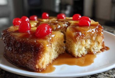 A slice cut from a moist pineapple upside down cake, topped with caramelized pineapple rings and bright red maraschino cherries.