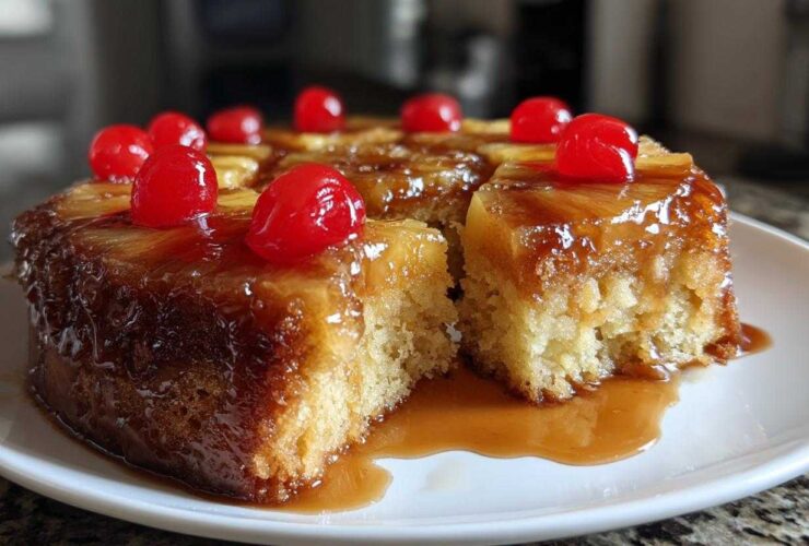 A slice cut from a moist pineapple upside down cake, topped with caramelized pineapple rings and bright red maraschino cherries.