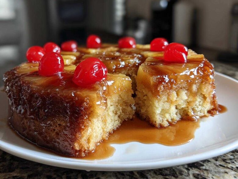 A slice cut from a moist pineapple upside down cake, topped with caramelized pineapple rings and bright red maraschino cherries.