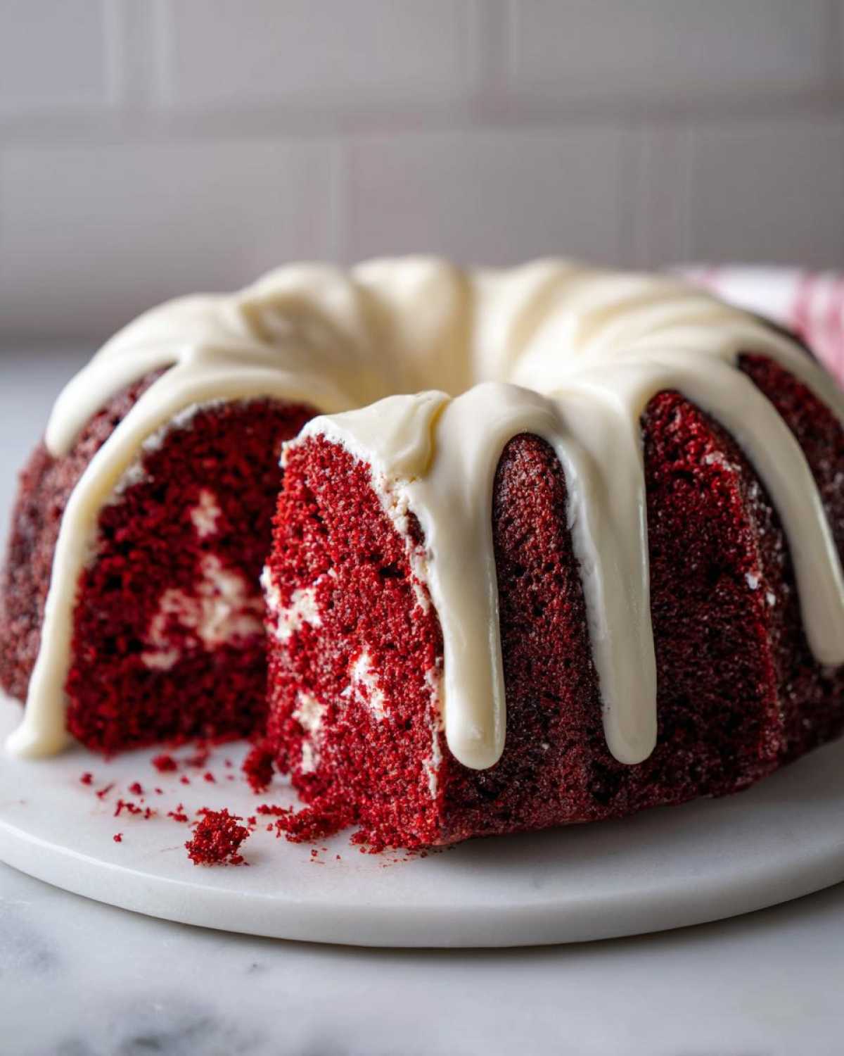 A moist red velvet bundt cake with a slice cut out, drizzled generously with white cream cheese glaze.