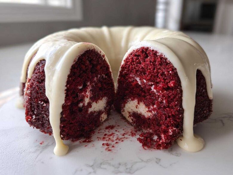A moist red velvet bundt cake, cut in half to show the interior texture and cream cheese swirl, topped with dripping white glaze.
