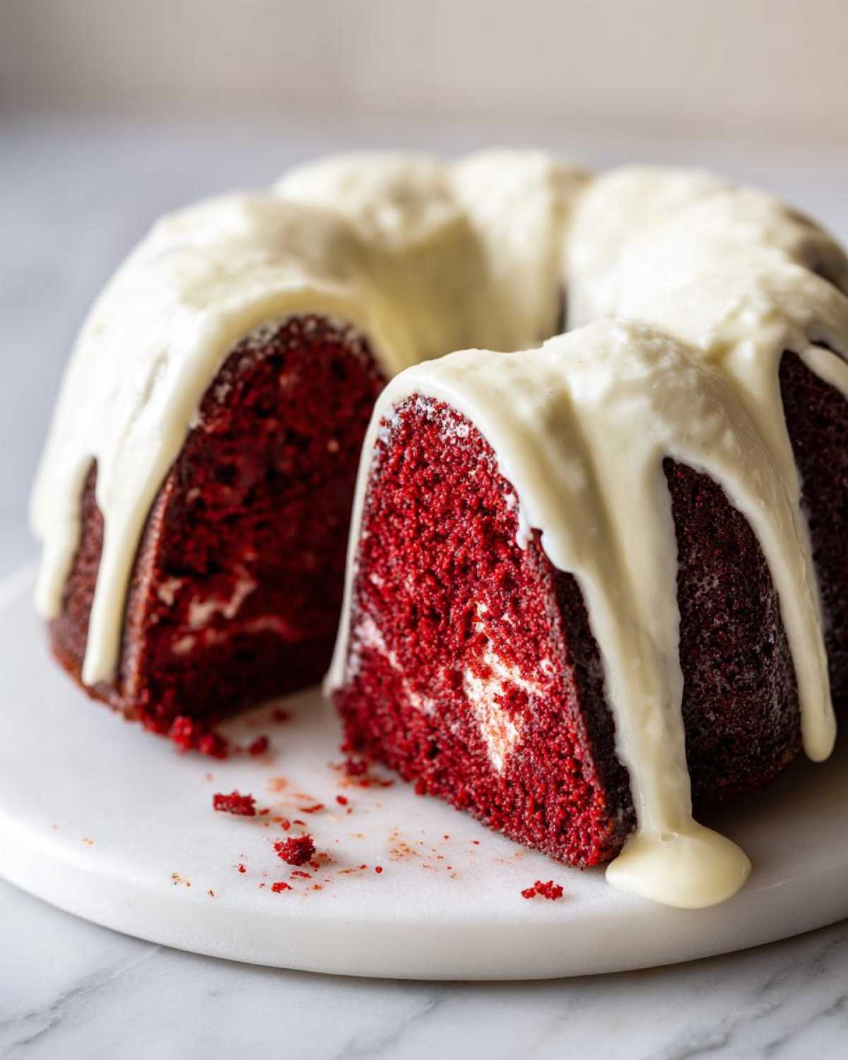 A slice cut from a moist red velvet bundt cake drizzled heavily with white cream cheese frosting.