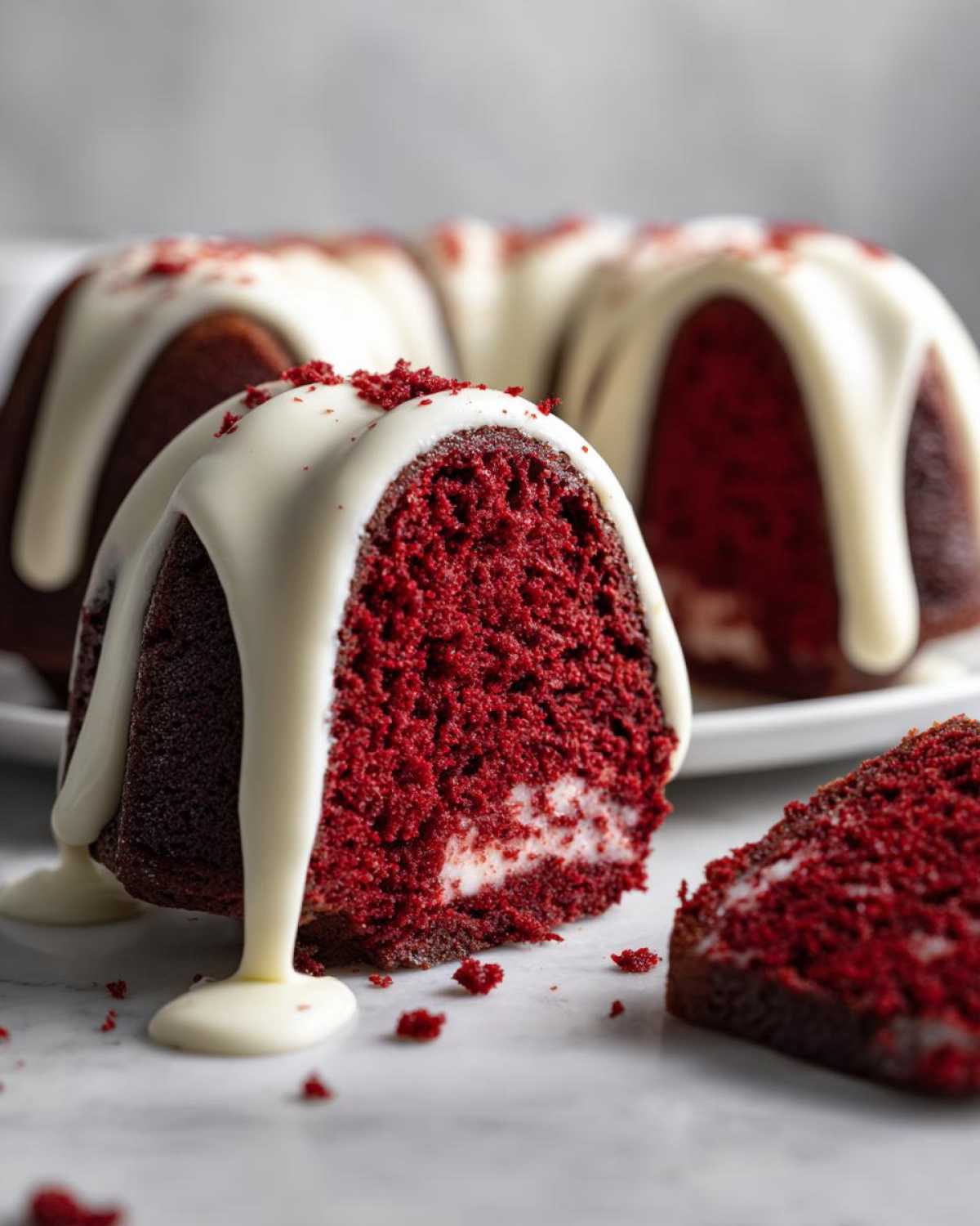 Close-up of a slice of moist red velvet bundt cake with thick white cream cheese glaze dripping down.