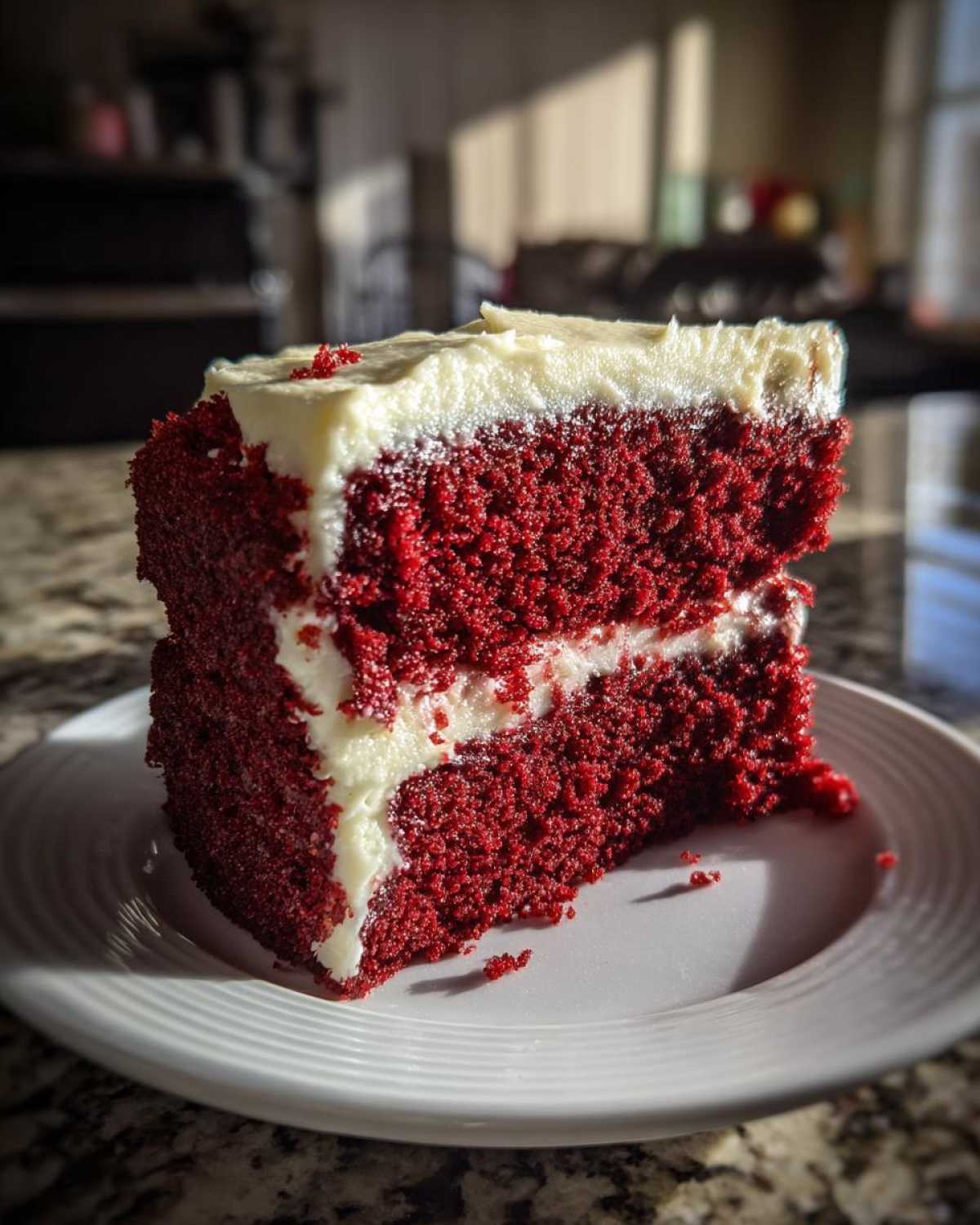 A close-up of a moist, two-layer slice of red velvet cake topped with thick cream cheese frosting.