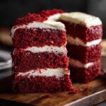 Close-up of a thick slice of moist red velvet cake layered with white cream cheese frosting.