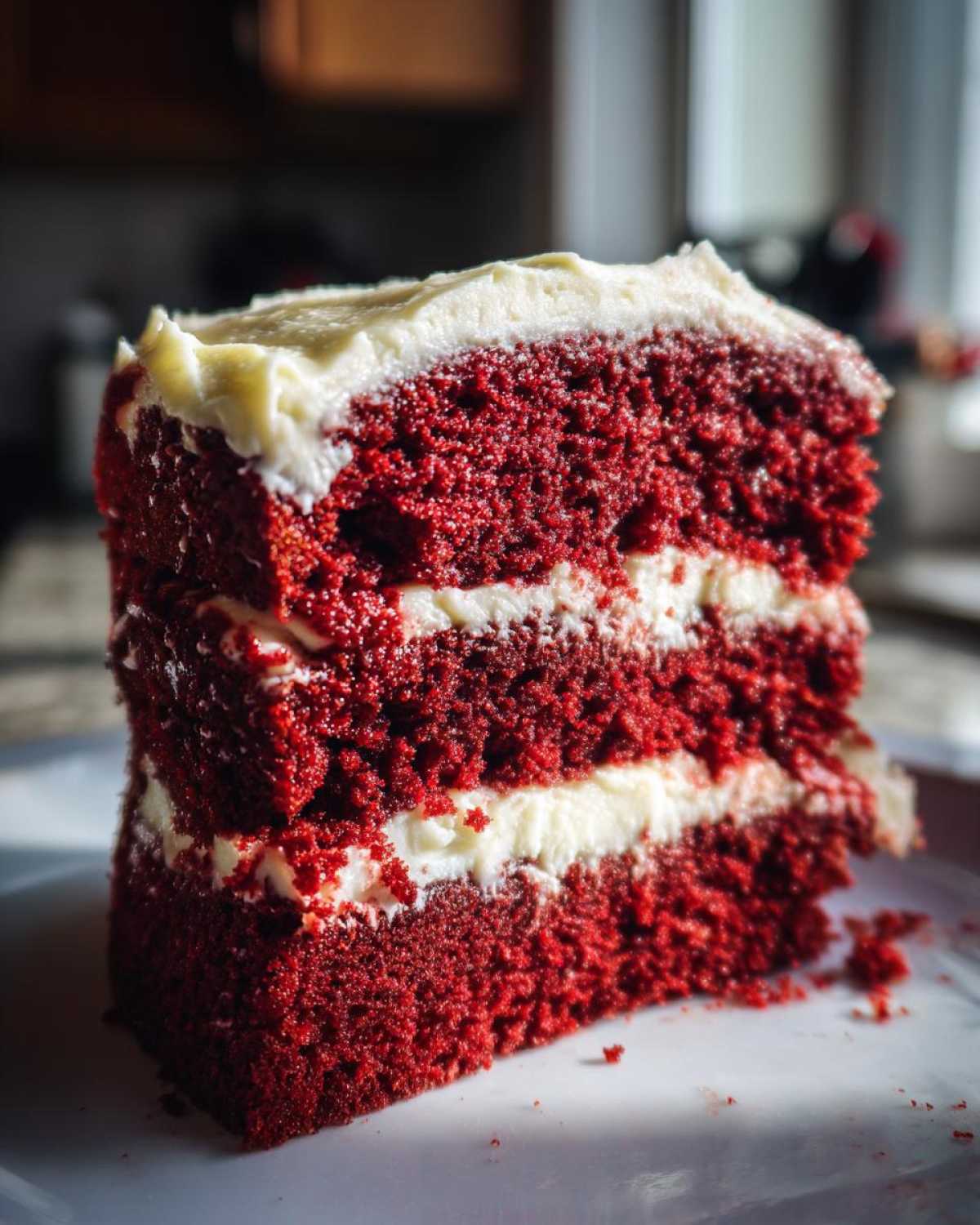 Close-up of a tall, moist slice of red velvet cake with three layers and thick cream cheese frosting.