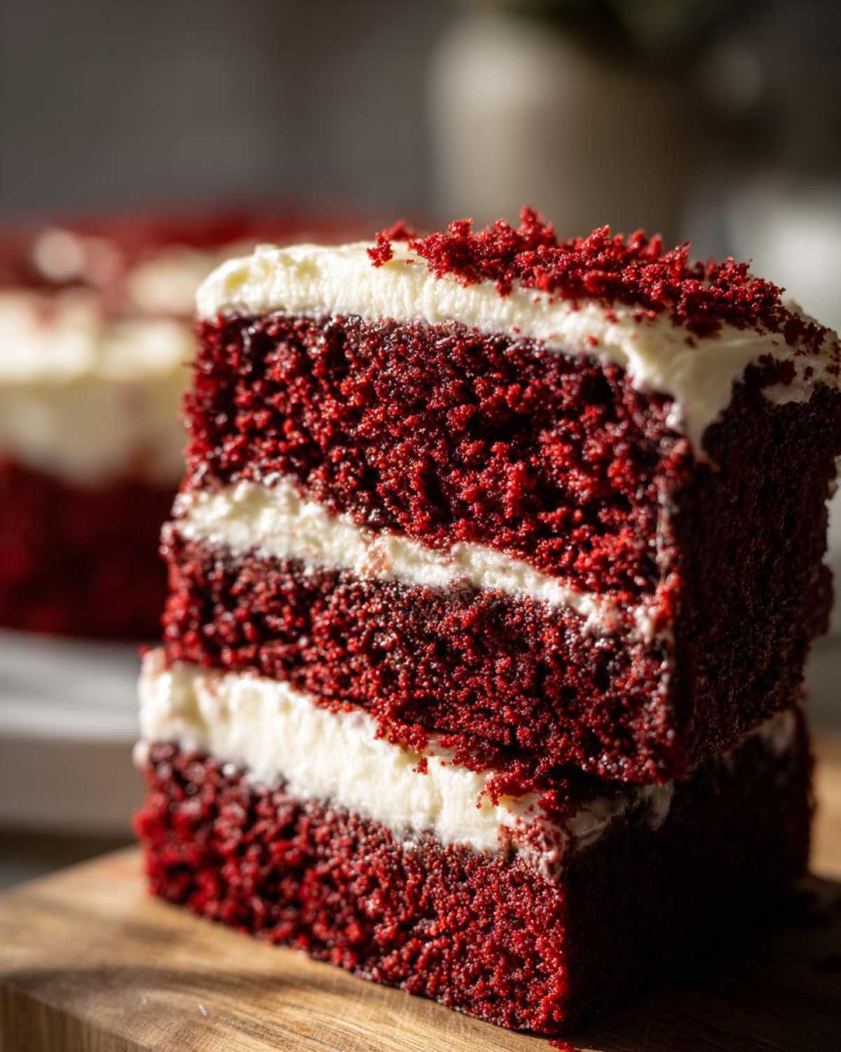 Close-up of two stacked slices of moist red velvet cake layered with thick white cream cheese frosting.
