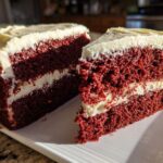Two slices of moist red velvet cake layered with white cream cheese frosting, displayed on a white plate.