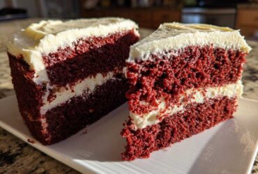 Two slices of moist red velvet cake layered with white cream cheese frosting, displayed on a white plate.