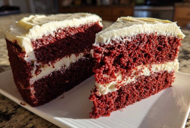 Two slices of moist red velvet cake layered with white cream cheese frosting, displayed on a white plate.