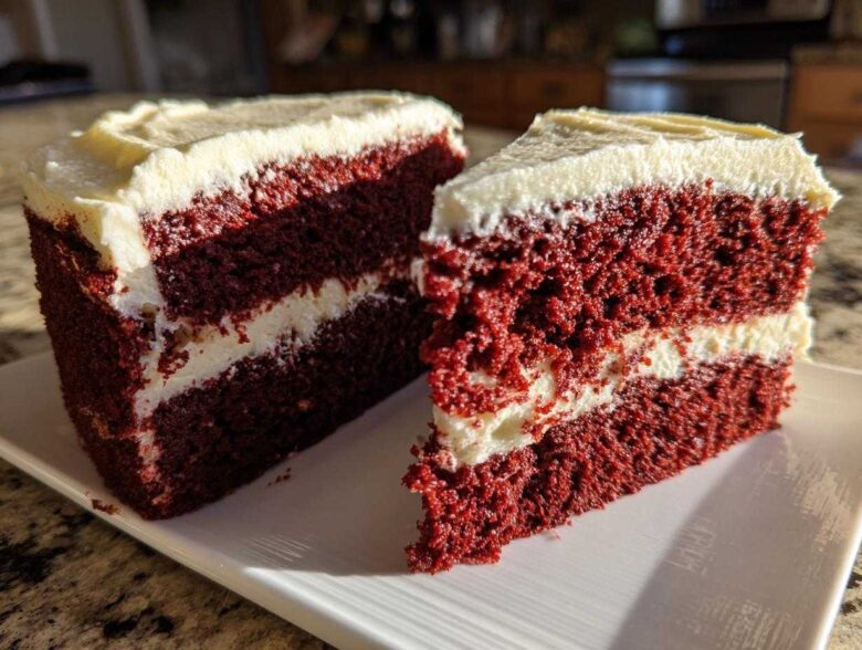 Two slices of moist red velvet cake layered with white cream cheese frosting, displayed on a white plate.