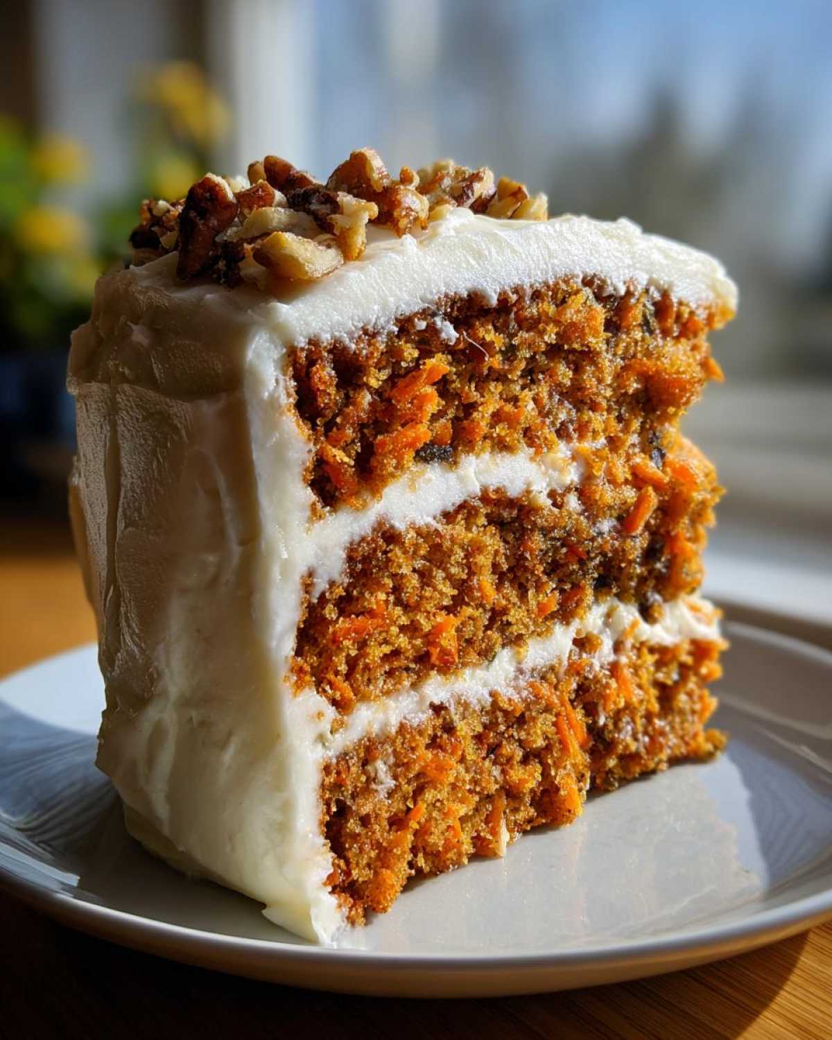 A thick slice of delicious carrot cake recipe layers with cream cheese frosting and topped with walnuts.
