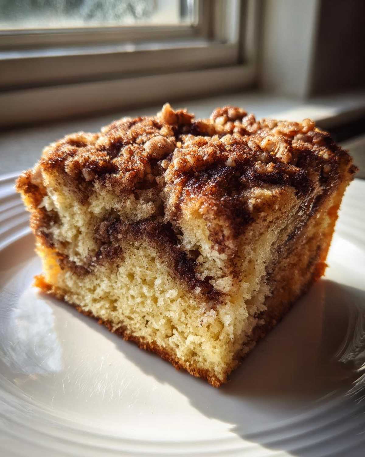 A close-up of a moist slice of sour cream coffee cake featuring a cinnamon swirl and crunchy nut streusel topping.