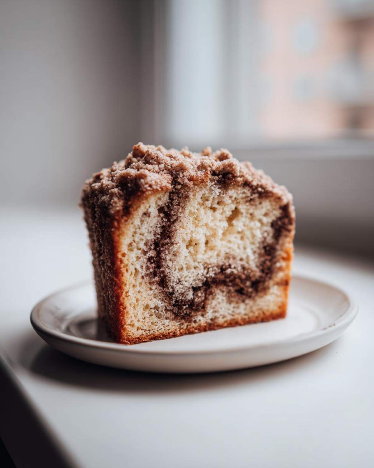 A single slice of moist sour cream coffee cake featuring a cinnamon swirl and crumbly streusel topping.