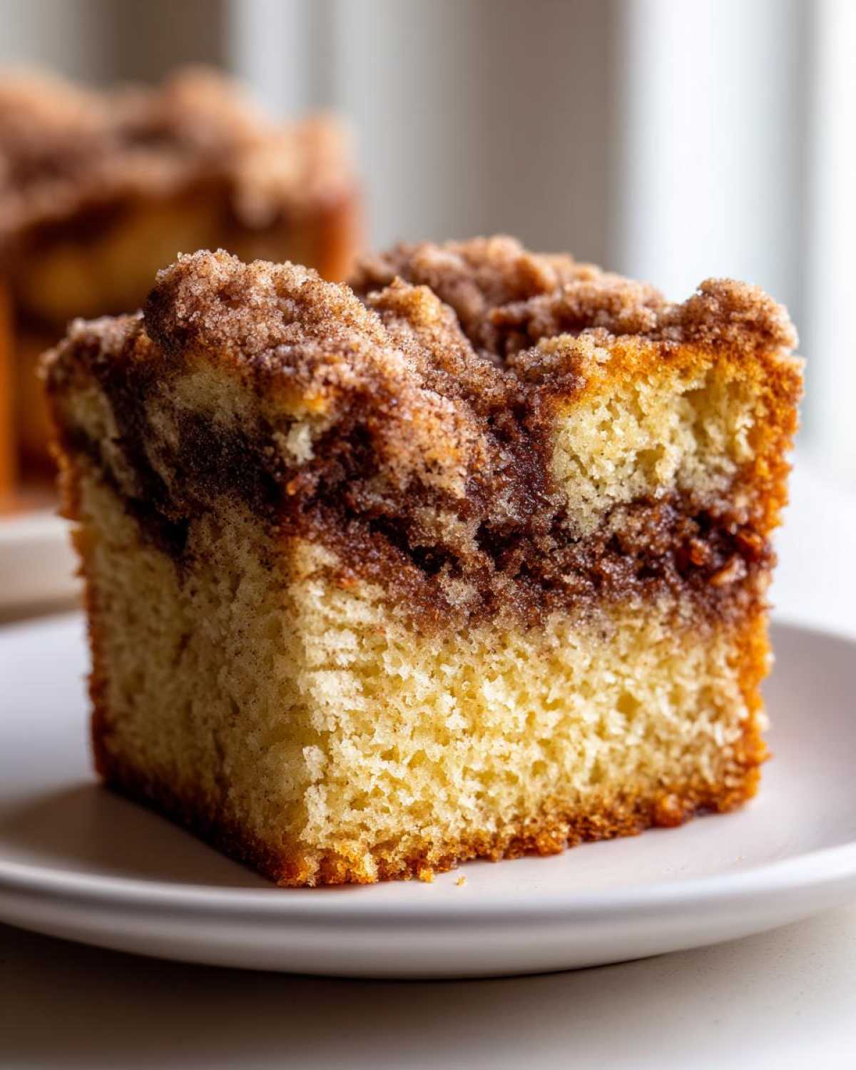 Close-up of a moist slice of sour cream coffee cake showing the cinnamon swirl and crumbly streusel topping.