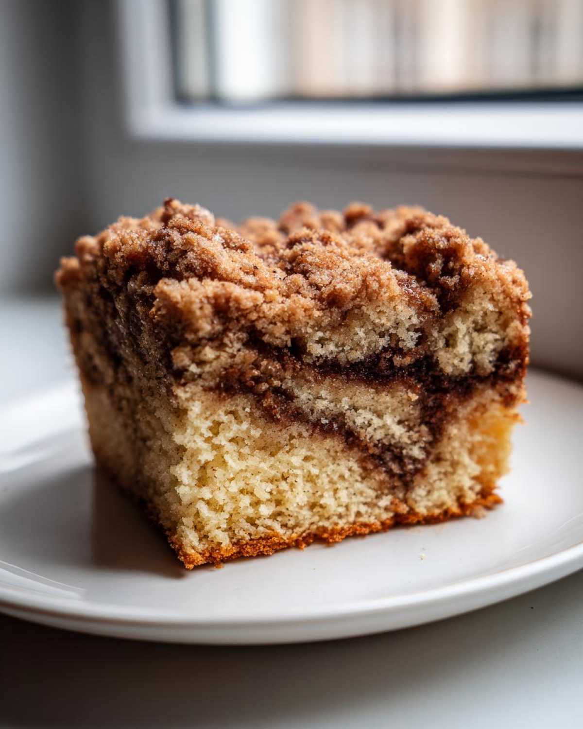 Close-up of a moist slice of sour cream coffee cake featuring a cinnamon swirl and thick streusel topping.
