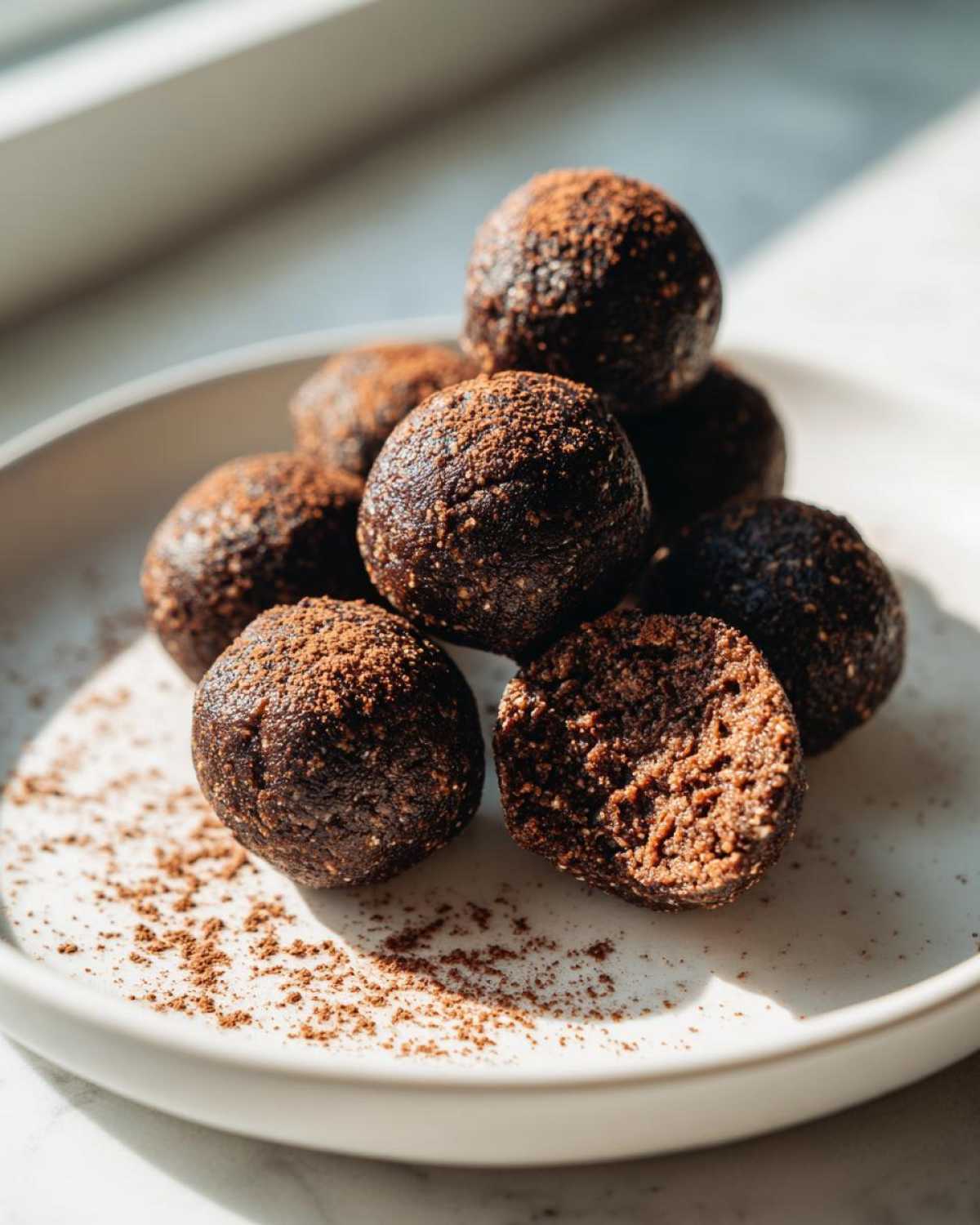 A stack of dark chocolate protein balls dusted with cocoa powder, with one cut in half showing the texture.