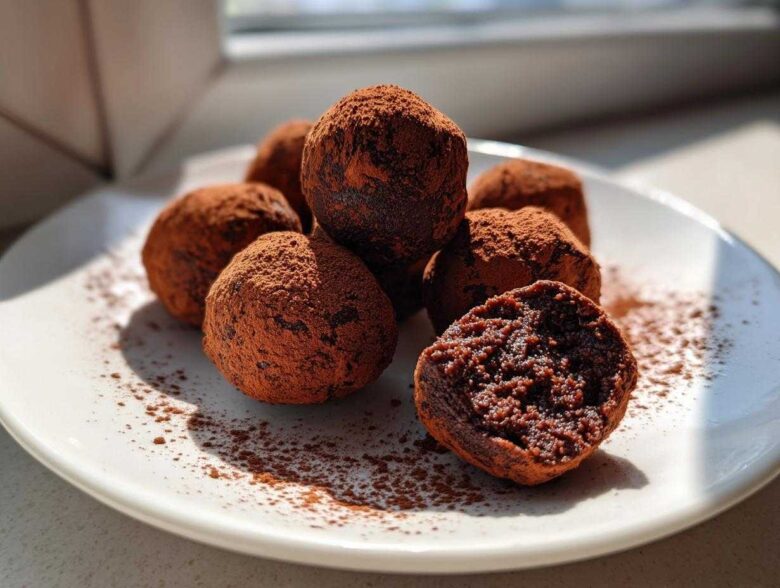 A pile of rich, dark chocolate protein balls dusted heavily with cocoa powder on a white plate.